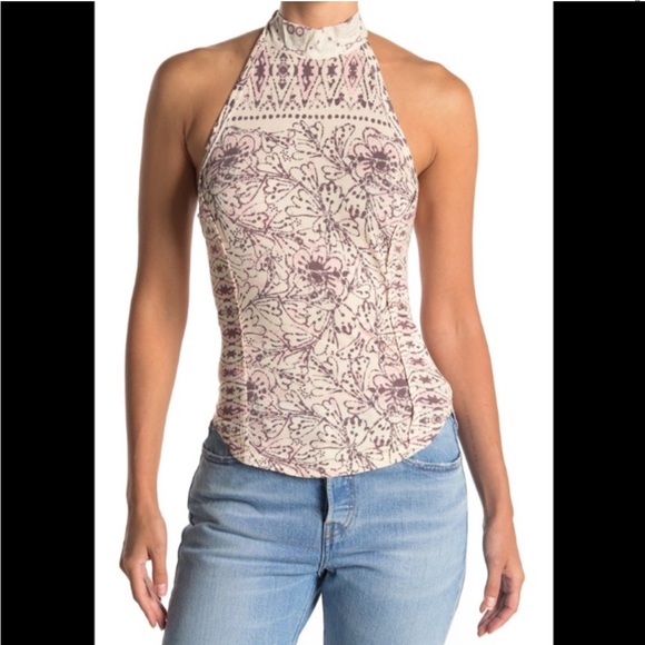 Free People Madagascar Halter Top Boho Floral Sleeveless Fitted Tea Pink size M - Picture 3 of 7